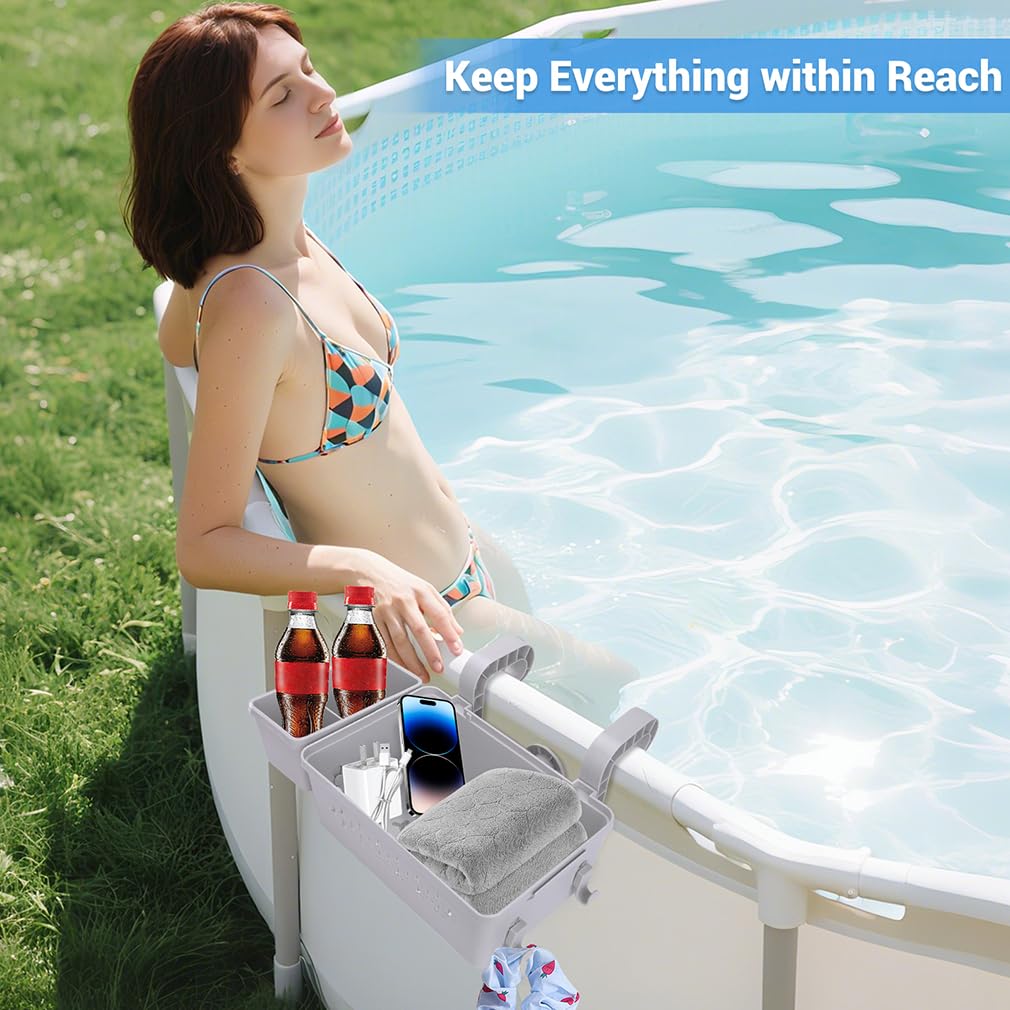 2 Pack Poolside Storage Basket - Swimming Pool Storage Baskets with Cup Holders Above Ground Pool Accessories Versatile Organizer for Pool Toys,Towels,Beverages, Fits 3 Inch or Less Top Rail