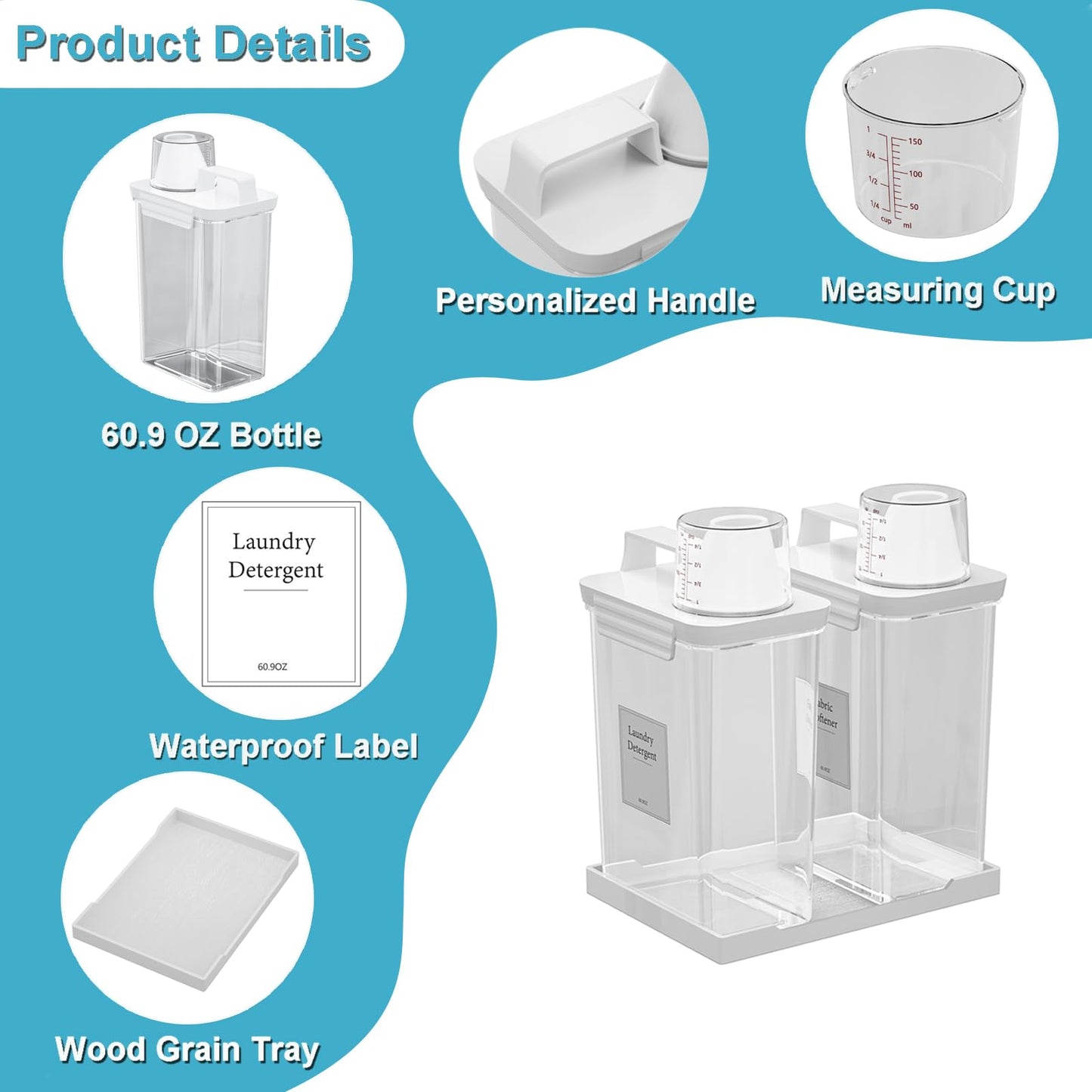 Hordely 61OZ Laundry Detergent Dispenser Container, 2 Pack Liquid Laundry Dispenser, Plastic Detergent Dispensers for Laundry Powder/Fabric Softener with Tray 6 Labels, Clear