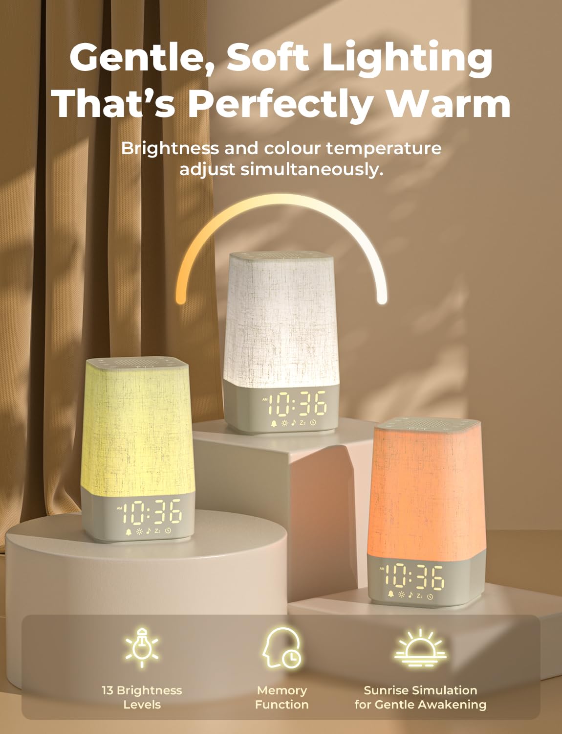 LIORQUE Sunrise Alarm Clock Wake Up Light with 30 Soothing Sounds Dimmable Display, Digital Alarm Clock with Mains Powered for Bedroom, Night Light & White Noise Sound Machine for Kids Adults