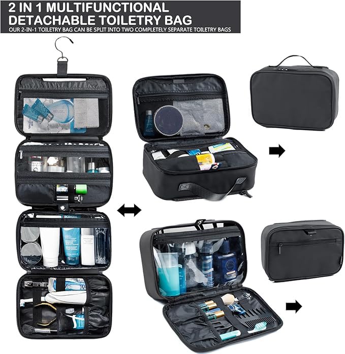 BAGSPRITE Large Hanging Toiletry Bag for Men and Women - Water-Resistant Travel Toiletry Bag - Makeup Cosmetic Bag Travel Organizer for Accessories, Shampoo, Full-size Container, 2IN1 Black