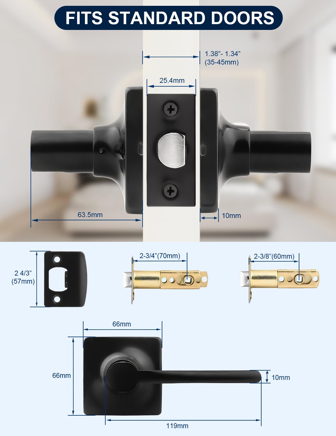 Mengico 6 Pack Modern Square Passage Door Handles Matte Black, Non-Locking Keyless Square Door Levers, Interior Door Handles for Closet and Hallway, Reversible for Left/Right Handed