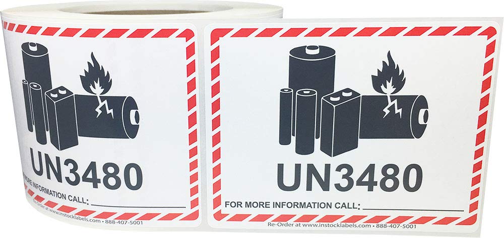 UN3480 Caution Lithium Battery Labels 83 mm x 108 mm 3.25 x 4.25 Inch 500 Adhesive Stickers