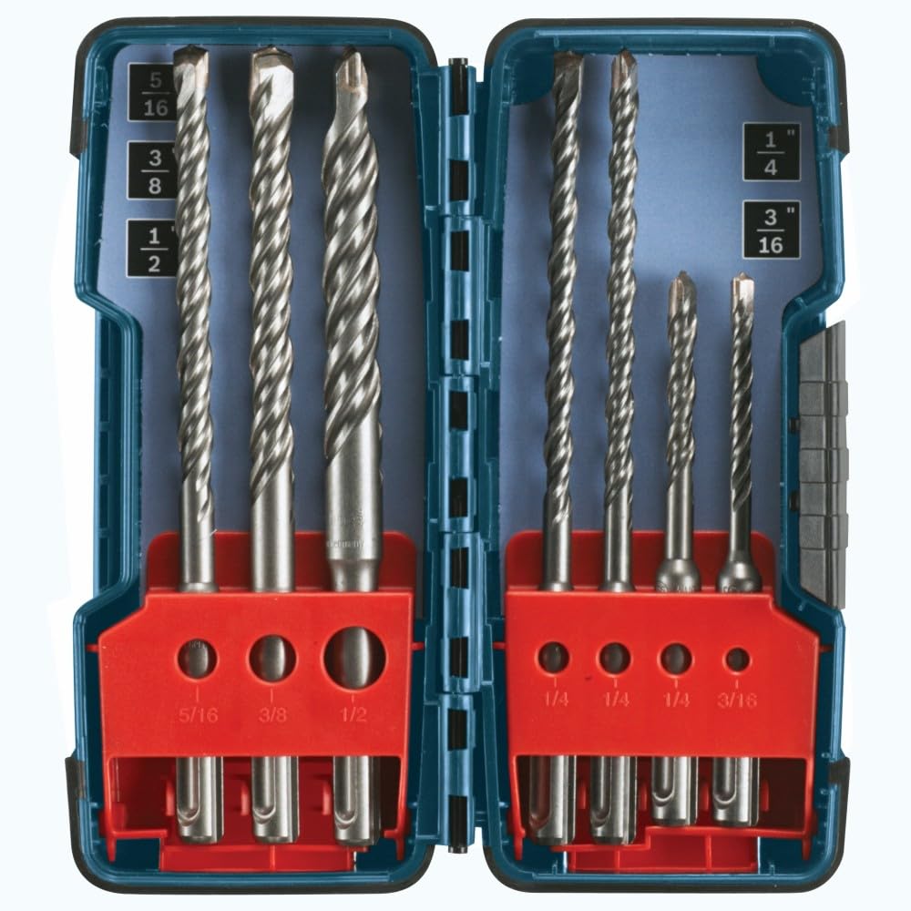 BOSCH 7 Piece Carbide-Tipped SDS-Plus Rotary Hammer Drill Bit Set with Storage Case HCK001, Gray