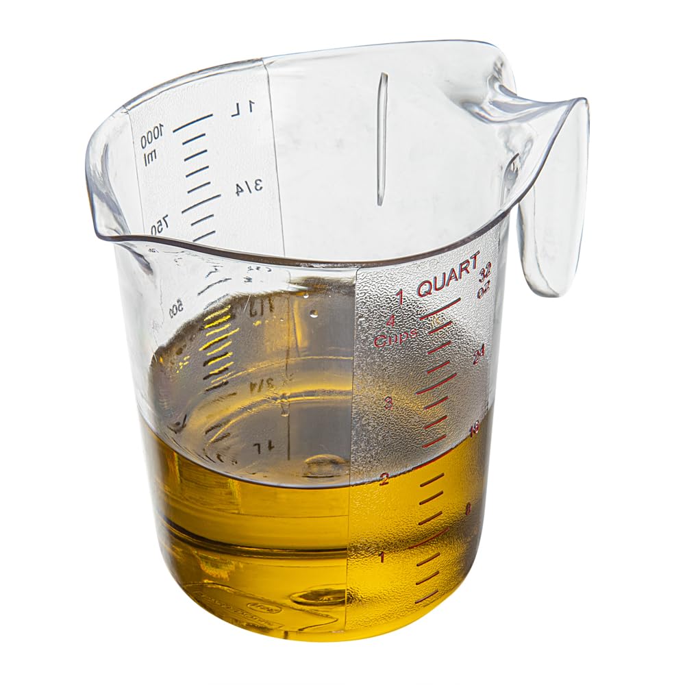 Restaurantware-Chef 101 1 Quart Measuring Jars, 10 Durable Measuring Beakers - Metric and Imperial Units, V-Shaped Spout, Clear Plastic Cups, Handle with Thumb-Grip, Tolerates Up to 248F