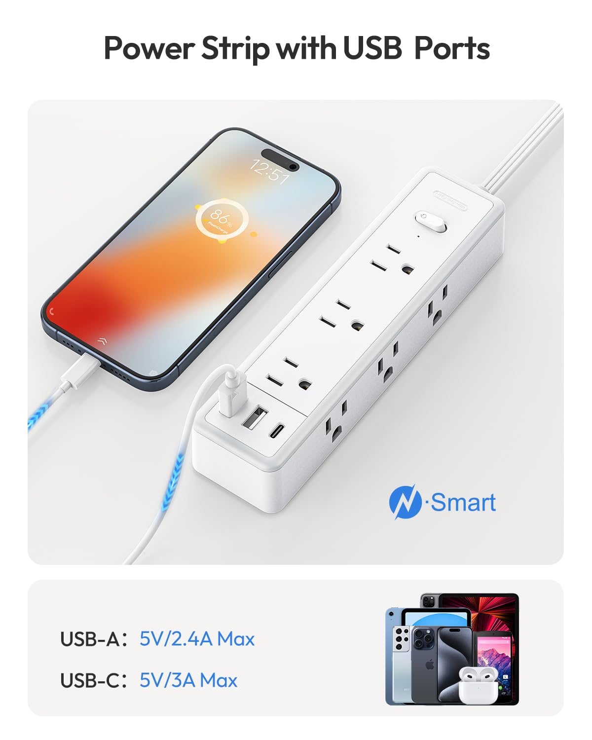 Flat Extension Cord 25 FT-NTONPOWER Surge Protector Power Bar with 9 Widely Outlets 3 USB (1 USB C), 1080J,Long Extension Cord with Multiple Outlets, 3 Side Extender, Mounted, for Home Office,White
