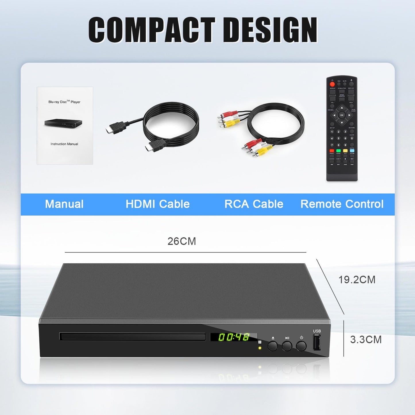 Blu Ray Player, HD Bluray DVD Player for TV, Play Region A/1 Blu-Ray Disc and All Region DVD Discs, Blu-ray Player DVD CD Player with HDMI AV Coaxial Output, USB Input, Built-in PAL NTSC (Zone A/1)