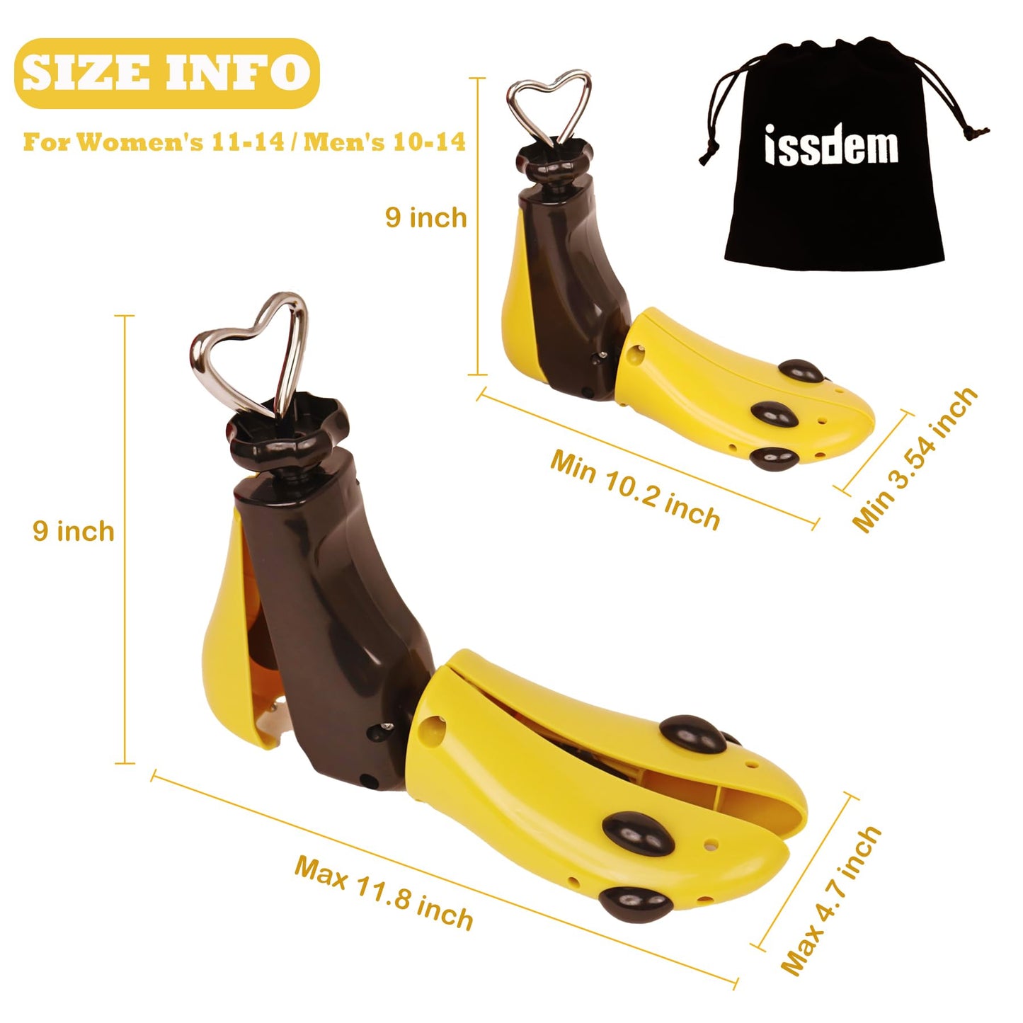 issdem Adjustable Shoe Stretcher for Men Size 9-13, Shoe Widener Stretcher, Shoe Trees for Women Size 6-11 (L (Women's 11-14;men's 10-14) Yellow 2pcs)