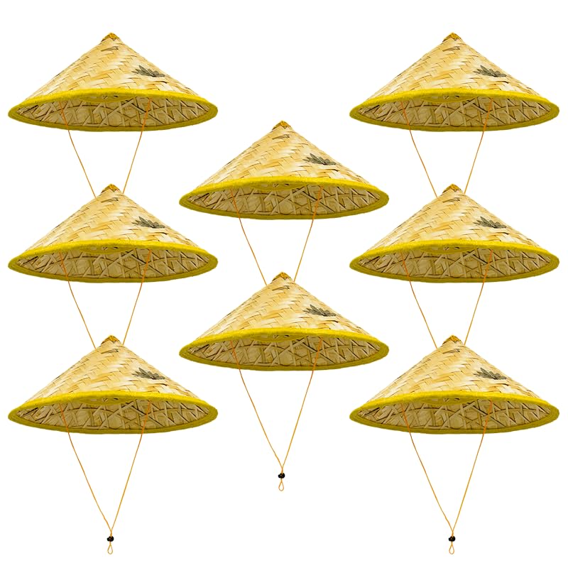 8Pcs Traditional Asian Rice Bamboo Straw Hats 17" Chinese-Vietnamese Style Unisex Outdoor Sun Hats Yellow