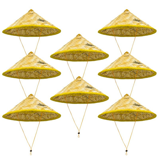 8Pcs Traditional Asian Rice Bamboo Straw Hats 17" Chinese-Vietnamese Style Unisex Outdoor Sun Hats Yellow