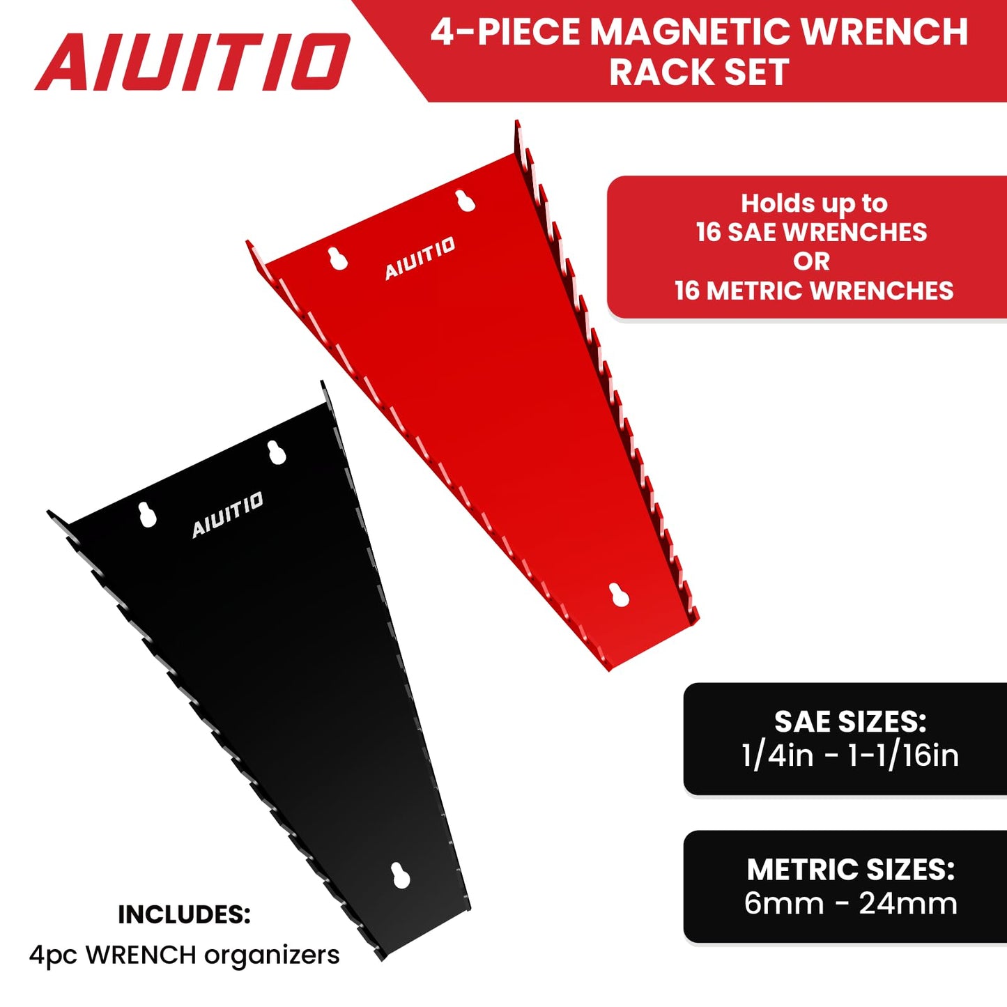 AIUITIO 4 Pack Magnetic Wrench Organizer, 64-Slot for Tool Box&Wall Mounted,Fit SAE (1/4" - 1-1/16") & Metric (6 mm-24 mm) Wrench Storage (4-pack)