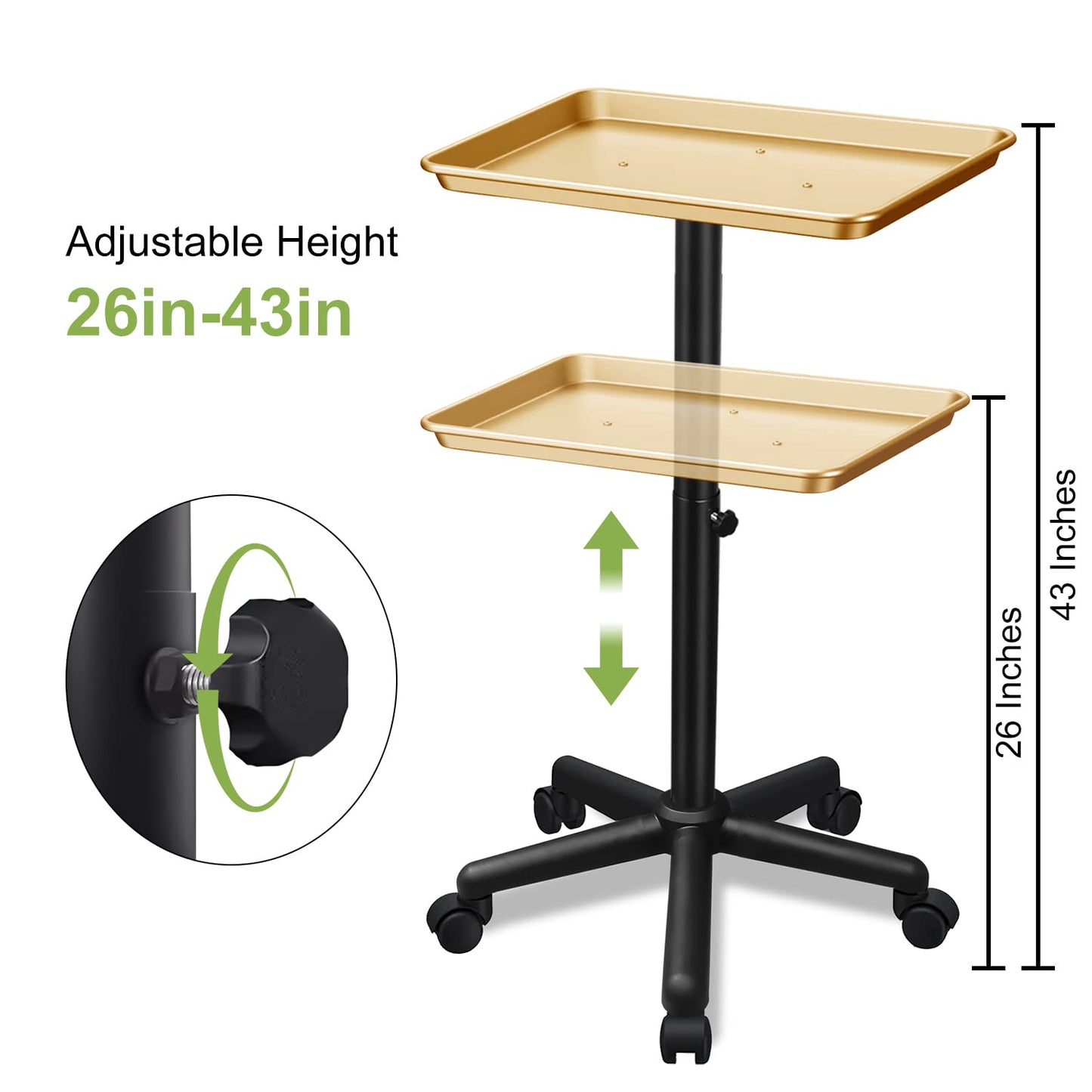 Chetunju Golden Salon Tray Premium Aluminum Rolling Tray Adjustable Height Use for The Tattoo Tray Hairstylist Tray with Wheels(Golden)