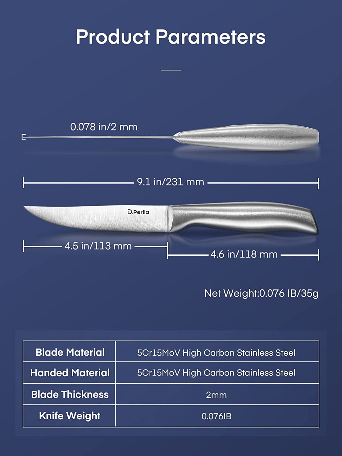 D.Perlla Steak Knife Set, Straight Edge Steak Knife Set of 8, High Carbon Stainless Steel Steak Knives Never Need Sharpening, One Piece Design & Hollow Handle, Professional Cutlery Set