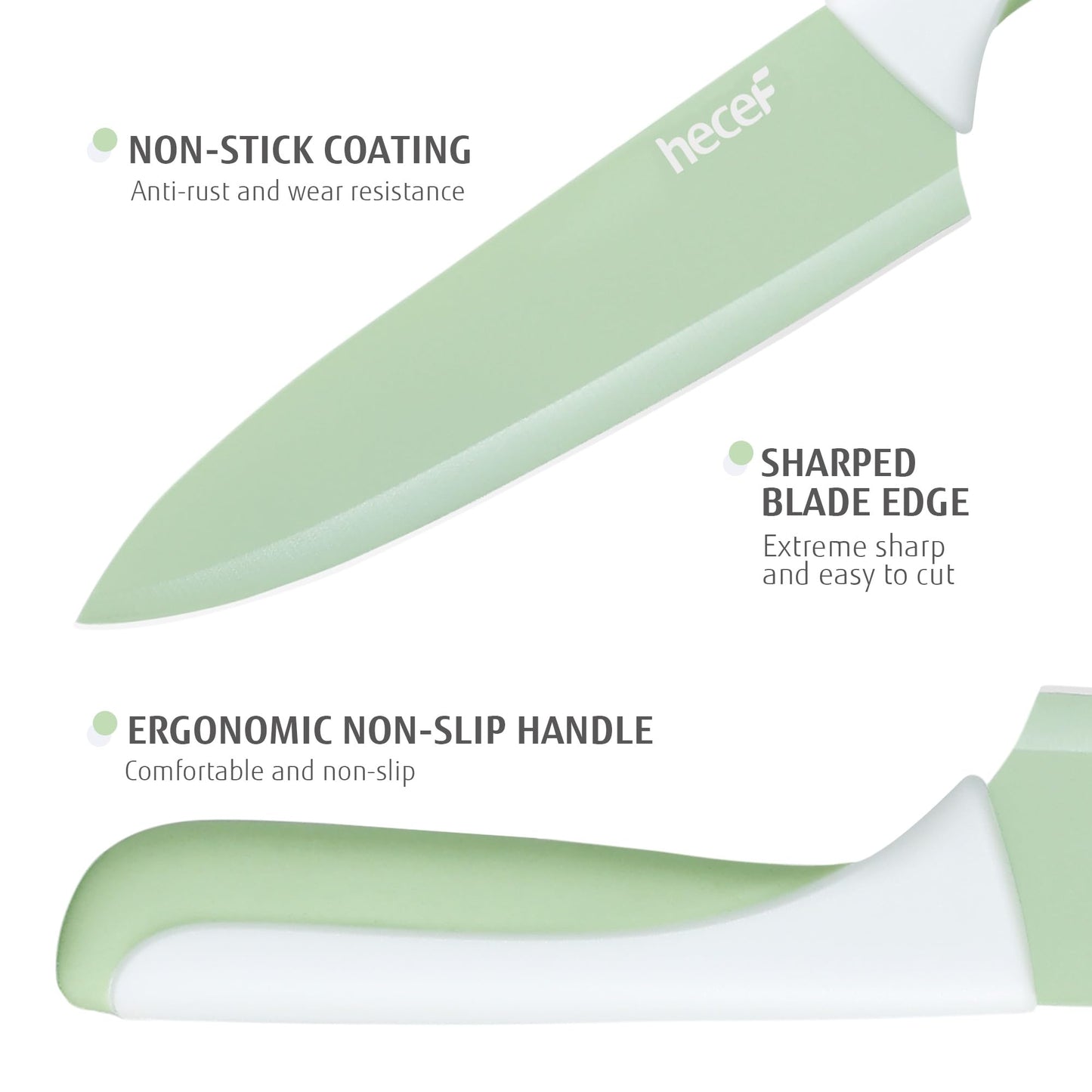 hecef 13 Pieces Kitchen Knife Set with Built-in Sharpening Wooden Block, High Carbon Stainless Steel Knife Block Set with Steak Knives, Kitchen Scissors (Green)