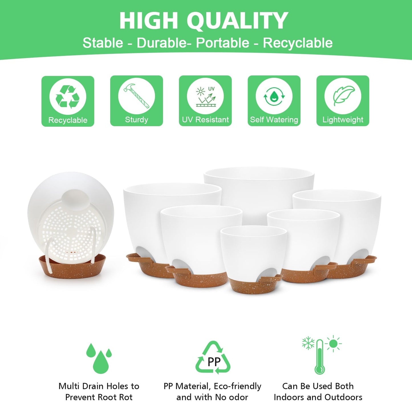 Self Watering Planter Set, 7Pack Medium Plastic Pot with Mesh Drainage Holes and Removable Reservoir Saucers, Modern 8+7.5+7+6.5+6+5.5+5 Inch Bottom Watering Flower Pots for Indoor Plants - White