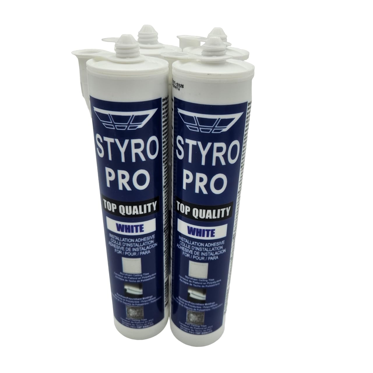 Styro Pro High Strength Water Based Premixed Acrylic Paste Adhesive. Pack of 4 Tubes. Easy to use. Works Great with PVC and Foam Ceiling Tiles. Perfect for Styrofoam Crown moldings.