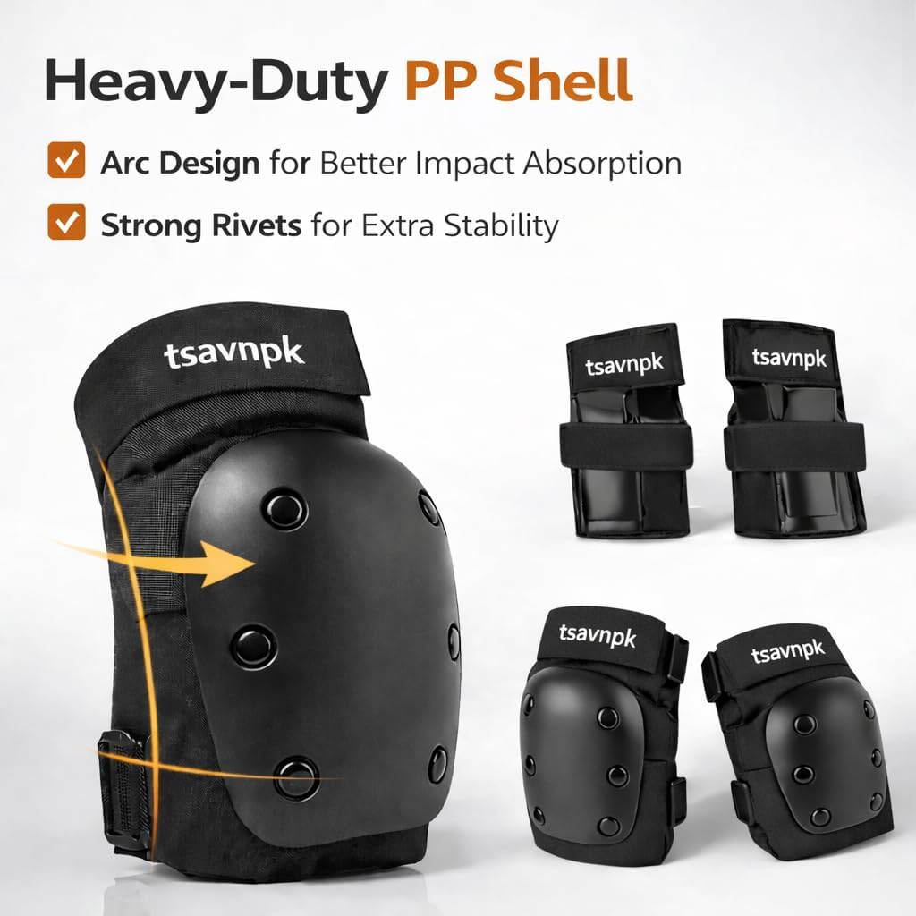 Adult Knee Pads and Elbow Pads Set with Wrist Guards, 6 in 1 Protective Gear for Skateboarding, Roller Skating, Inline Skating, Scooter, BMX, Adjustable Pads for Men Women(Black, X-Large)