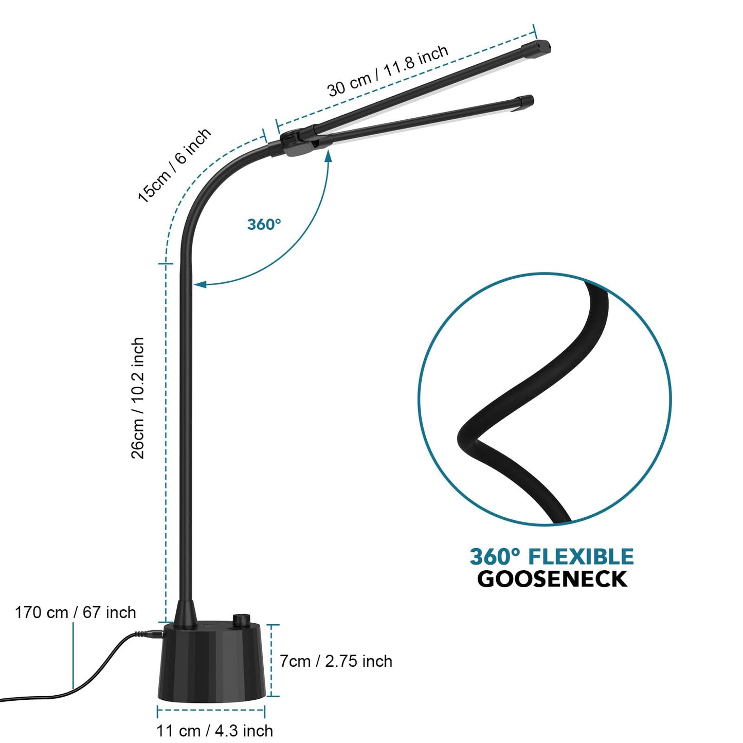 Semlos Desk Lamp for Home Office, LED Table Light with USB A+C Ports & Knob Controller, Eye-Caring for Reading, Study, Bedroom, Dimmable, Black, Charger Included