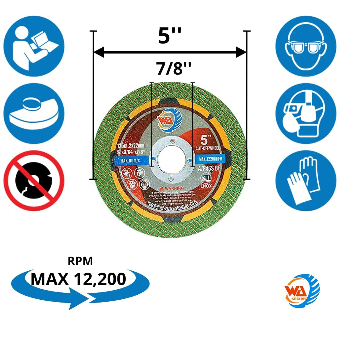 WA Grinder 50PACK - 5" x.045 x7/8" Thin Cut Off Disc, Angle Grinder Discs Tool Accessories Cutting Wheel, 5 inch Cutoff 7/8 in 22mm Arbor for General Metal, Steel, Stainless (Green-Extra Sharp)