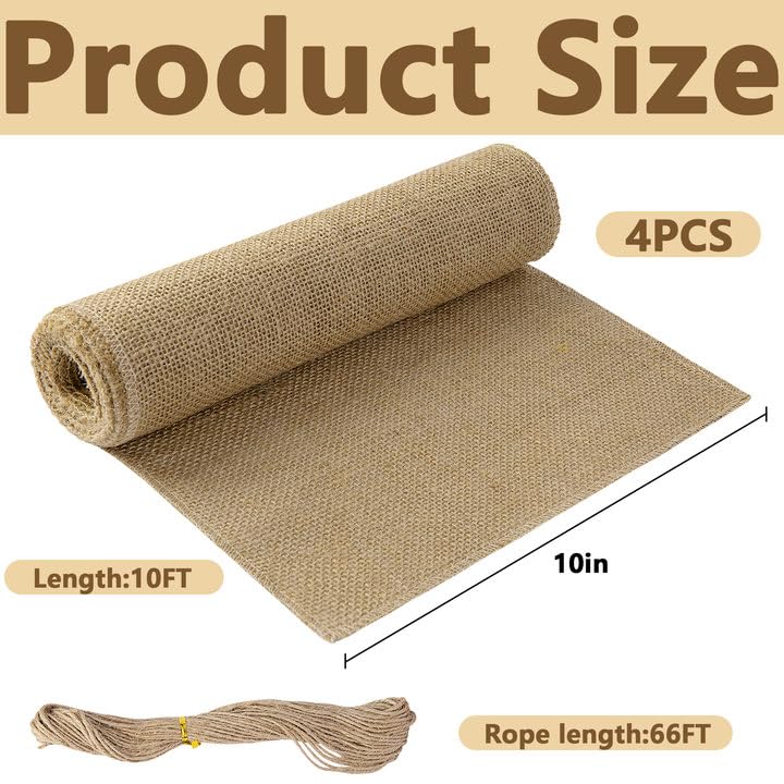 4 Rolls Natural Burlap Tree Wrap Rolls- 10in x 10ft Burlap Fabric Tree Trunk Protector- Burlap Plants Wrap Bandage with Ropes- Frost & Freeze Protection Cloth for Winter Outdoor Trees, Shrubs, Plants