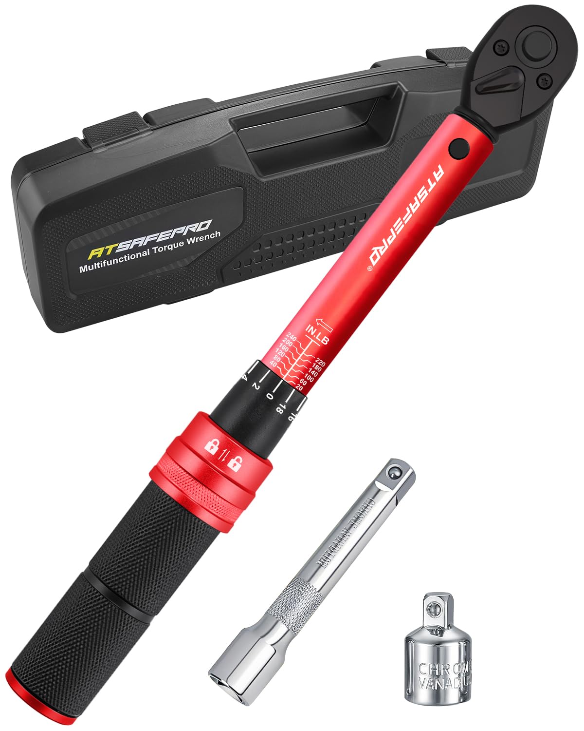 ATsafepro 3/8 Torque Wrench 20-240 in.lb, Inch Pound Torque Wrench Set with Extension & 3/8" to 1/4" Adapter - ±3% Accuracy, Dual-Direction 72-Tooth for Bike, Motorcycle, Car & Engine Maintenance