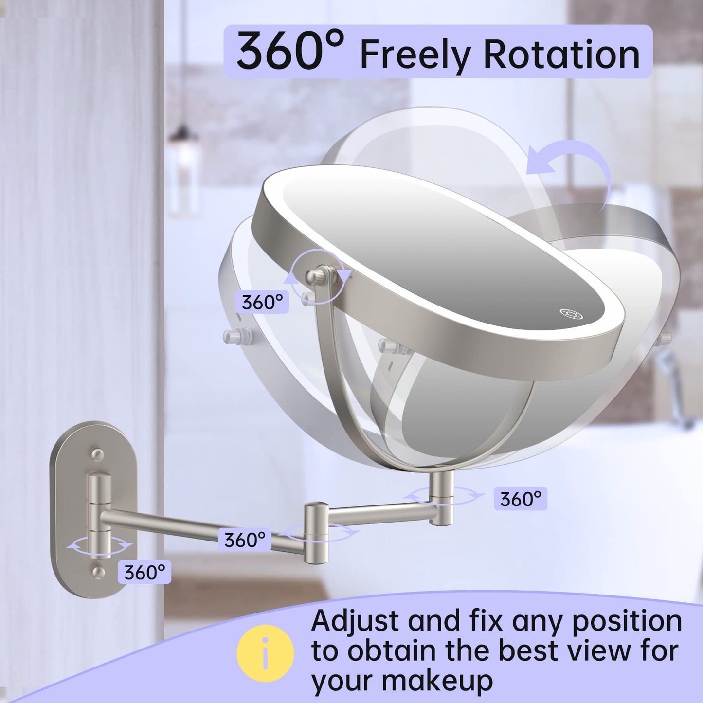 Rechargeable Wall Mounted Lighted Makeup Vanity Mirror, Double Sided 1X/7X Magnifying Mirror, 3 Color Lighting Option Dimmable, 360 Rotation Extension Foldable Arm, Oval Frame Shaving Light up Mirror