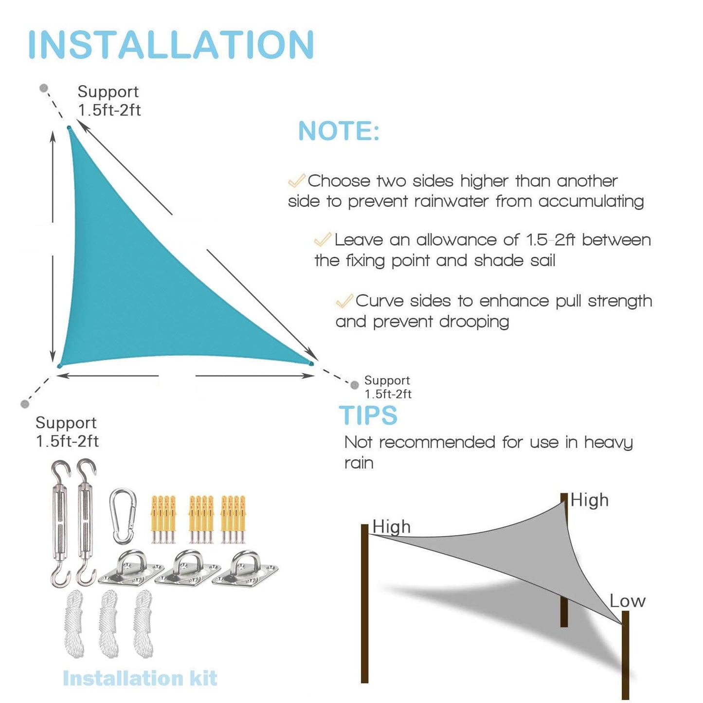Sunal Blue Triangle Sun Shade Sail 13'x13'x19' with Installation Fixing Kit,Outdoor Water Resistant Shade Sail,Garden Sun Sail,PES Polyester Incl Fixing Rope for Balconies,Terraces and Gardens