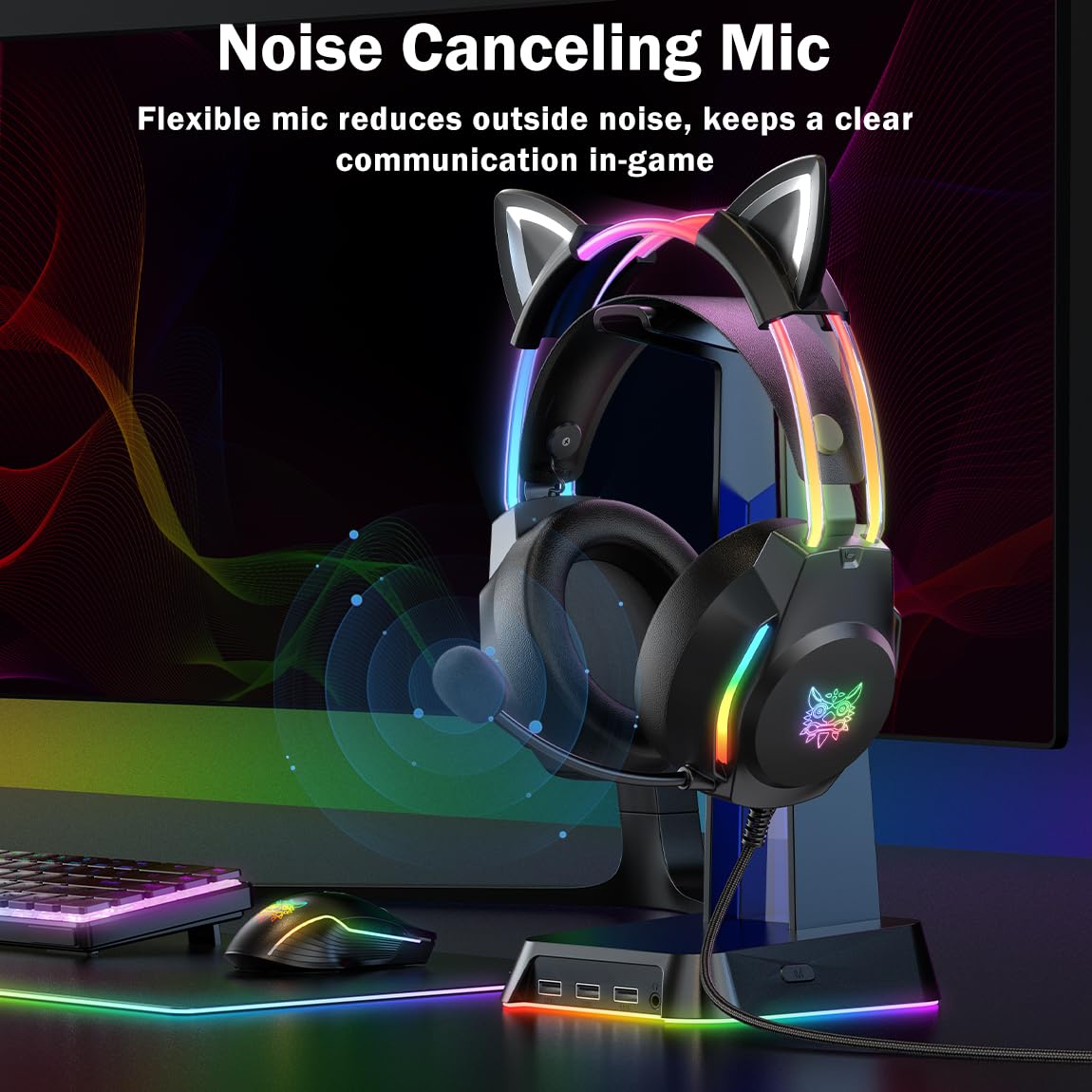 Gaming Headset with Microphone, Cat Ears Headphones for PC/PS4/PS5/Switch, RGB Backlight & Virtual Surround Sound, Lightweight Over Ear Headphones with Auto-Adjustable Headband