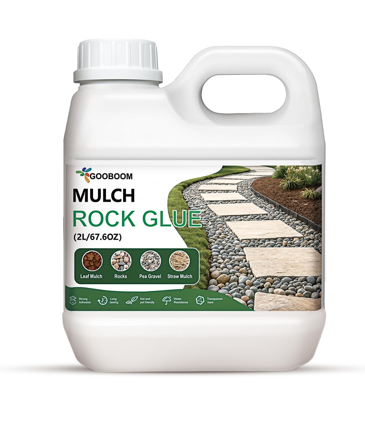 GooBoom 66.7 OZ Rock and Mulch Glue for Landscaping – Clear Drying Landscape Adhesive Spray for Gravel, Pea Gravel & Bark – Weather-Resistant Outdoor Glue for Weed Control & Decorative Appeal