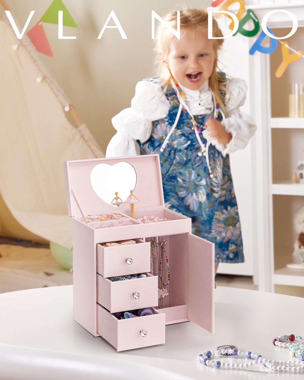 Vlando Musical Jewelry Box for Girl,4 Layer Large Music Jewelry Boxes with Ballerina,Girls Jewelry Box with Mirror, Birthday Childrens Gifts,Girls Gifts 8-12 years old,Light Pink