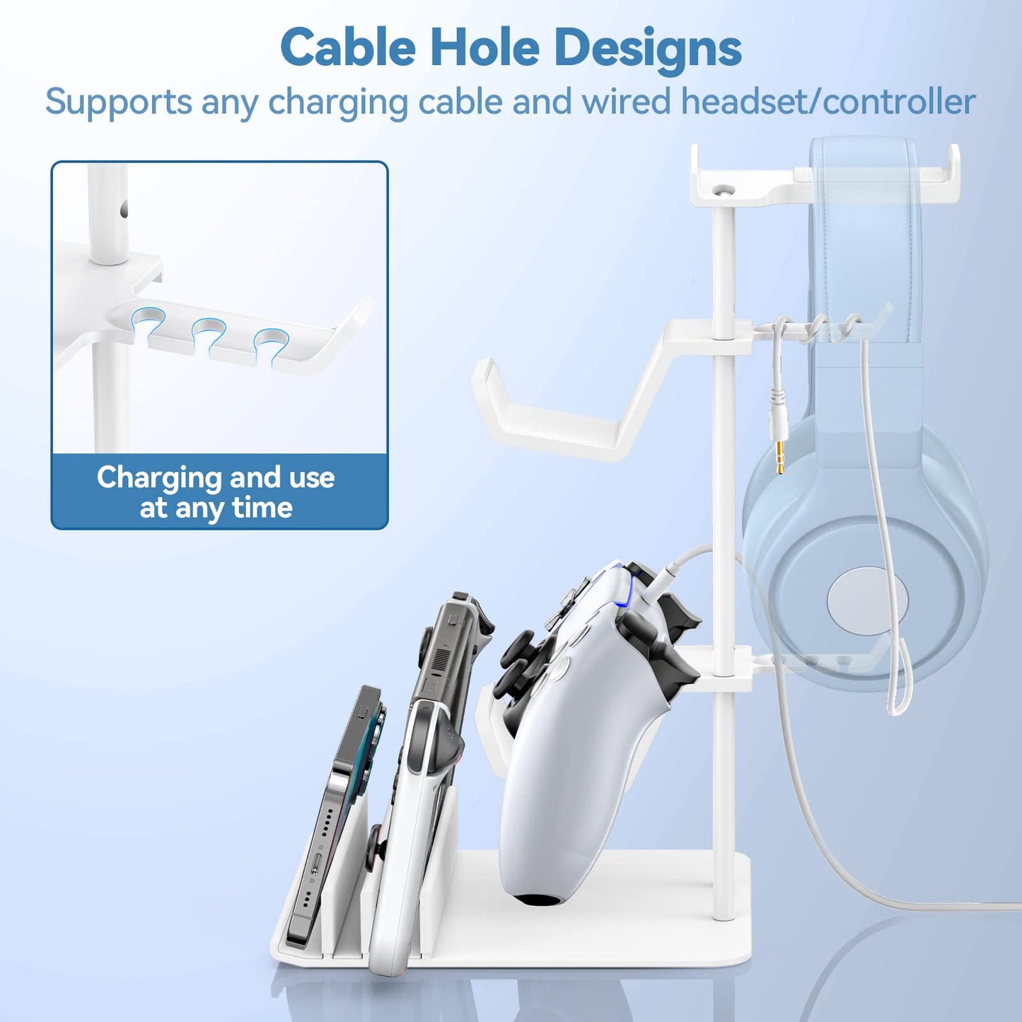 KDD Headphone Stand, Game Controller Holder & Headset Holder for Desk, Earphone Stand with Aluminum Supporting Bar, Universal Storage Organizer Headphones/Controller/Switch/iPad/Mobile Phone(White)