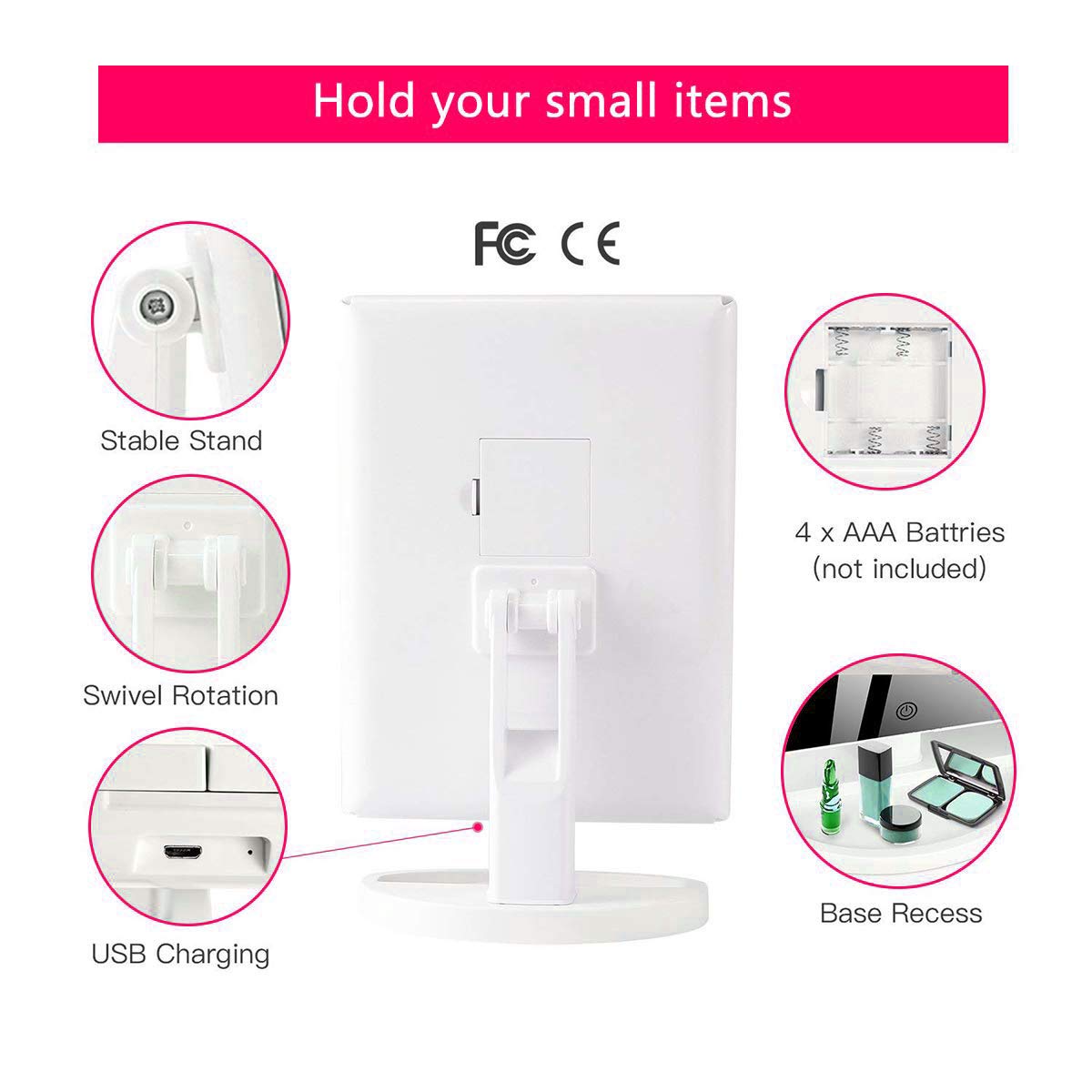 WEILY Makeup Vanity Mirror with LED Lighting and Touch Screen, Tri-Fold 1x 2X 3X Magnification,180° Adjustable Rotation, Dual Power Supply, Countertop Cosmetic Mirror (White)