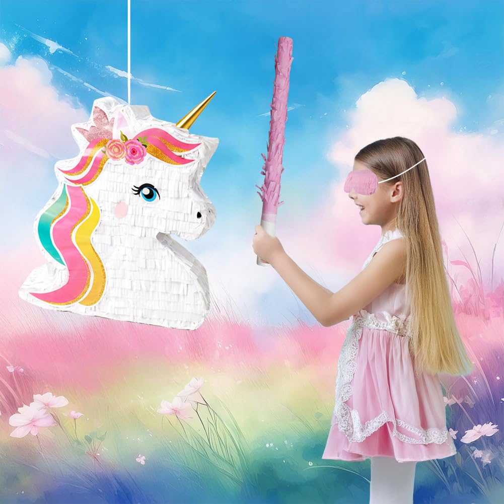Unicorn Pinata Party Supplies Favors for Girl Birthday Party Unicorn Theme Party Supplies with Unicorn Pinata Headbands Straws Slap Bracelets Keychains Silicone Bands and Stickers (White)