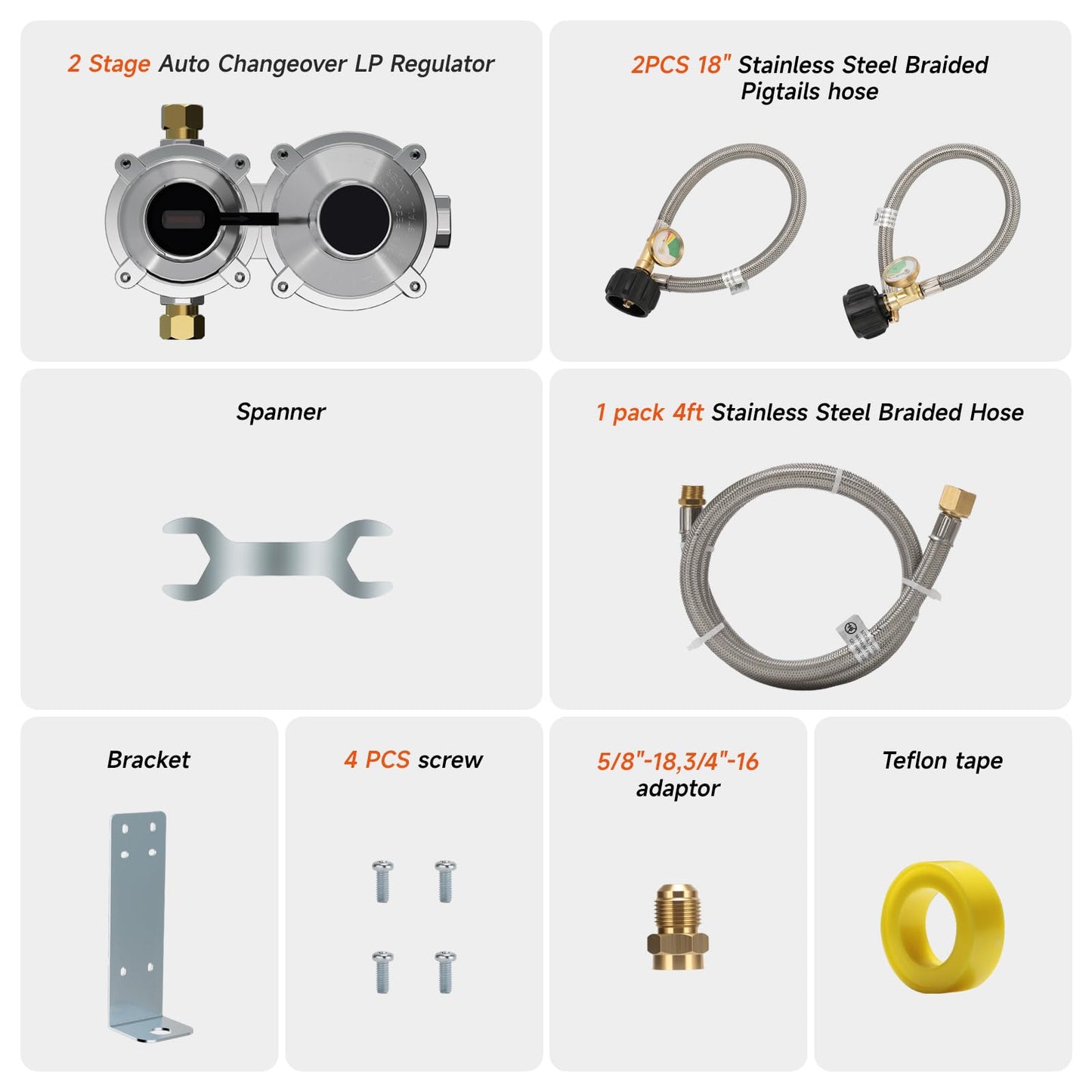 Roastove 2 Stage Auto Changeover RV Regulator, 18inch Stainless Steel Hose with Liquid Level Gauge 2 Packs and 1 Pack 4ft Hose, 1/4" Inverted Male Flare, 3/8" NPT Male,with Spanner and Teflon Tape