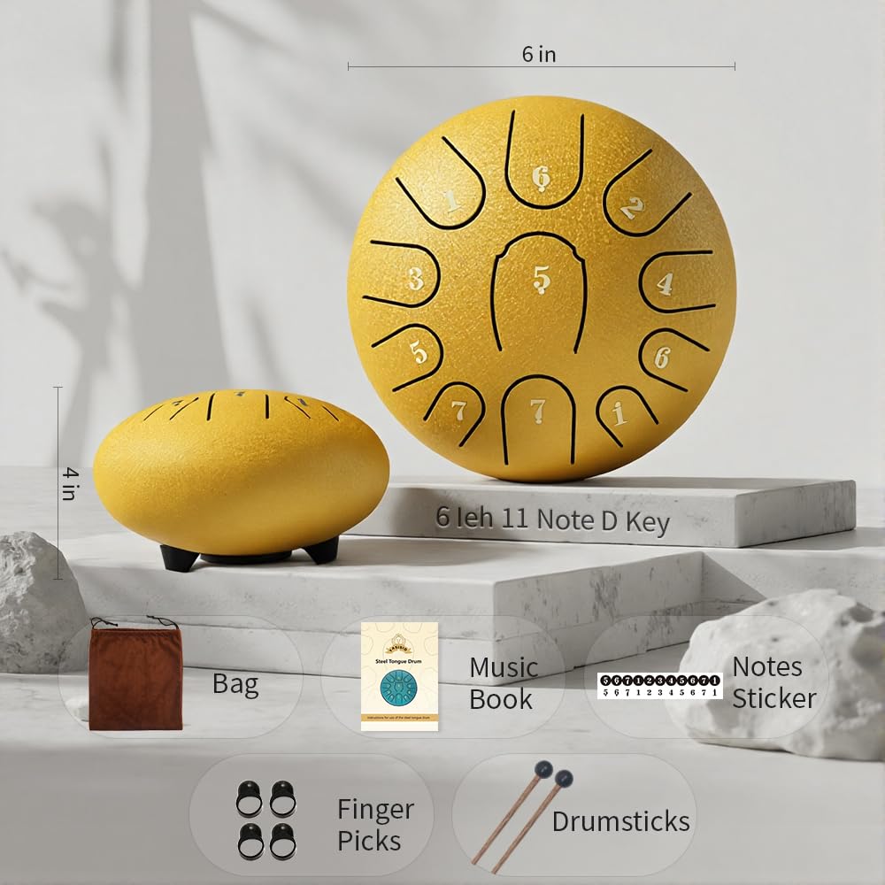 Rain Drum for Outside Garden,Steel Tongue Drum 6 Inche 8 Note Steel Drums Rain Chime,with Soft Bag,Music Book (Yellow, 6 Inch 11 Note)