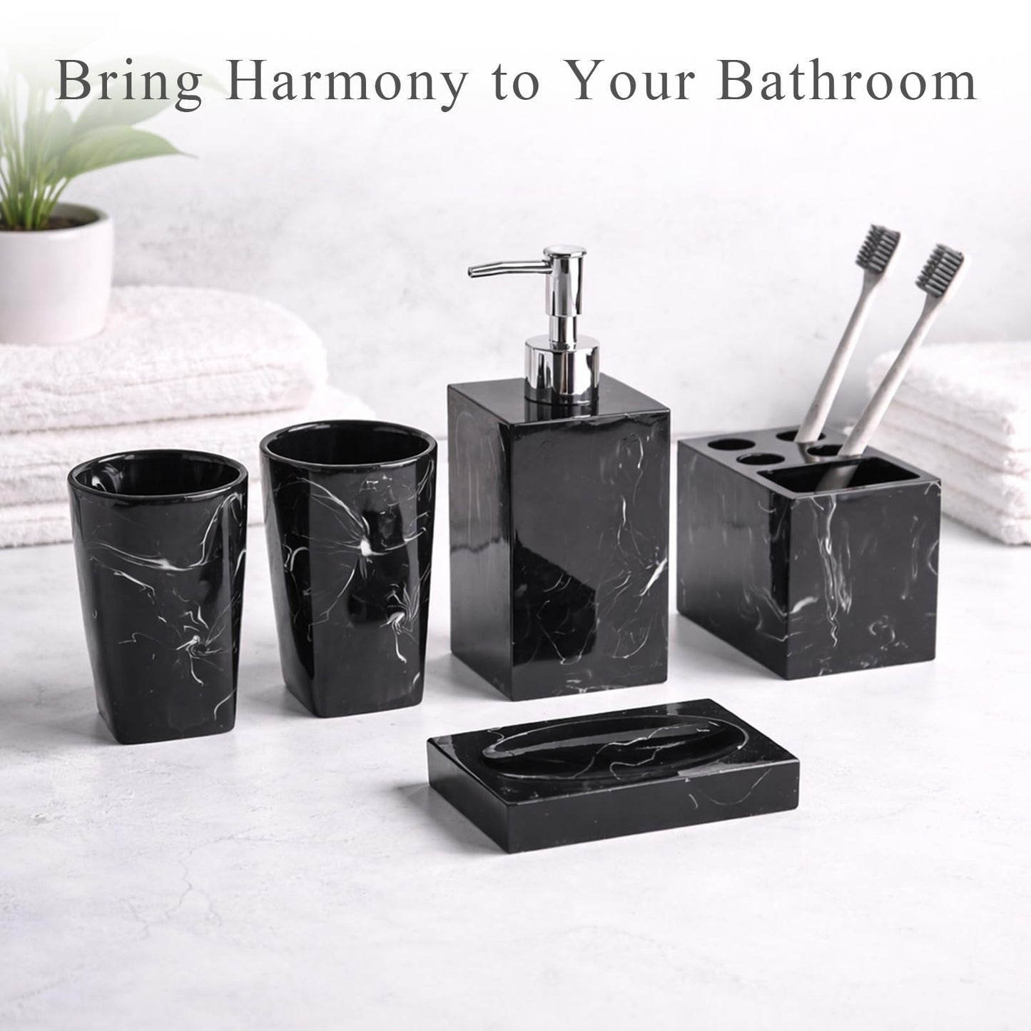5 Piece Bathroom Accessories Set, Marble Resin Bathroom Vanity Set, Soap Dispenser, Toothbrush Holder, Soap Dish & 2 Tumblers, Bathroom Countertop Organizer Set (Ink Black)
