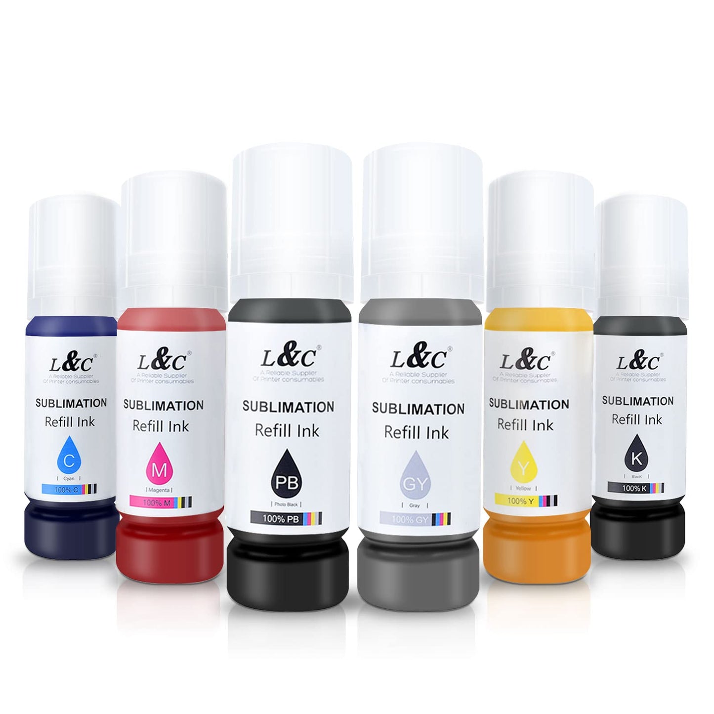 L&C Sublimation Ink Refill for ET-8500 ET-8550 Wide-Format Supertank Printers Heat Press Transfer on T-Shirt Tumblers Vibrant Colors Non-Fading Anti-Clog Auto-Fill ICC-Free (6x70ML, BK PB C M Y GY)