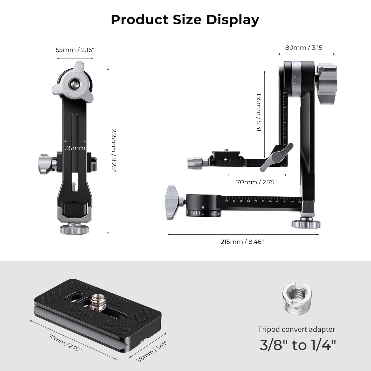 K&F CONCEPT Aluminum 360 Degree Panoramic Gimbal Tripod Head with 1/4'' Standard Quick Release Plate and Bubble Level Capacity up to 44.09lbs/20kg