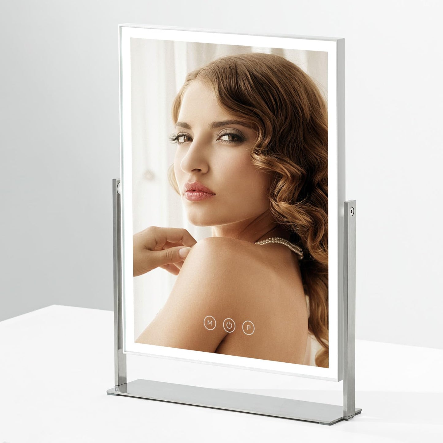 14 Inch Rechargeable Lighted Makeup Mirror, Vanity Mirror with 104 LED Lights, Rectangular Desk Mirror with Light, Metal Table Mirror with Stand, 3000mAh Battery