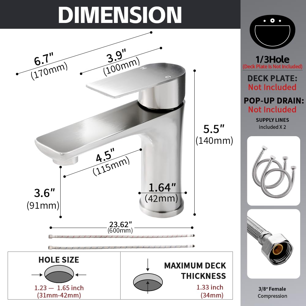 Brushed Nickel Bathroom Faucet Without Deck Plate & Pop-up Drain, Single Handle Stainless Steel Bathroom Sink Faucet, Single Hole Faucet for RV Camper Farmhouse Lavatory Bar Vanity Sink, BF019L