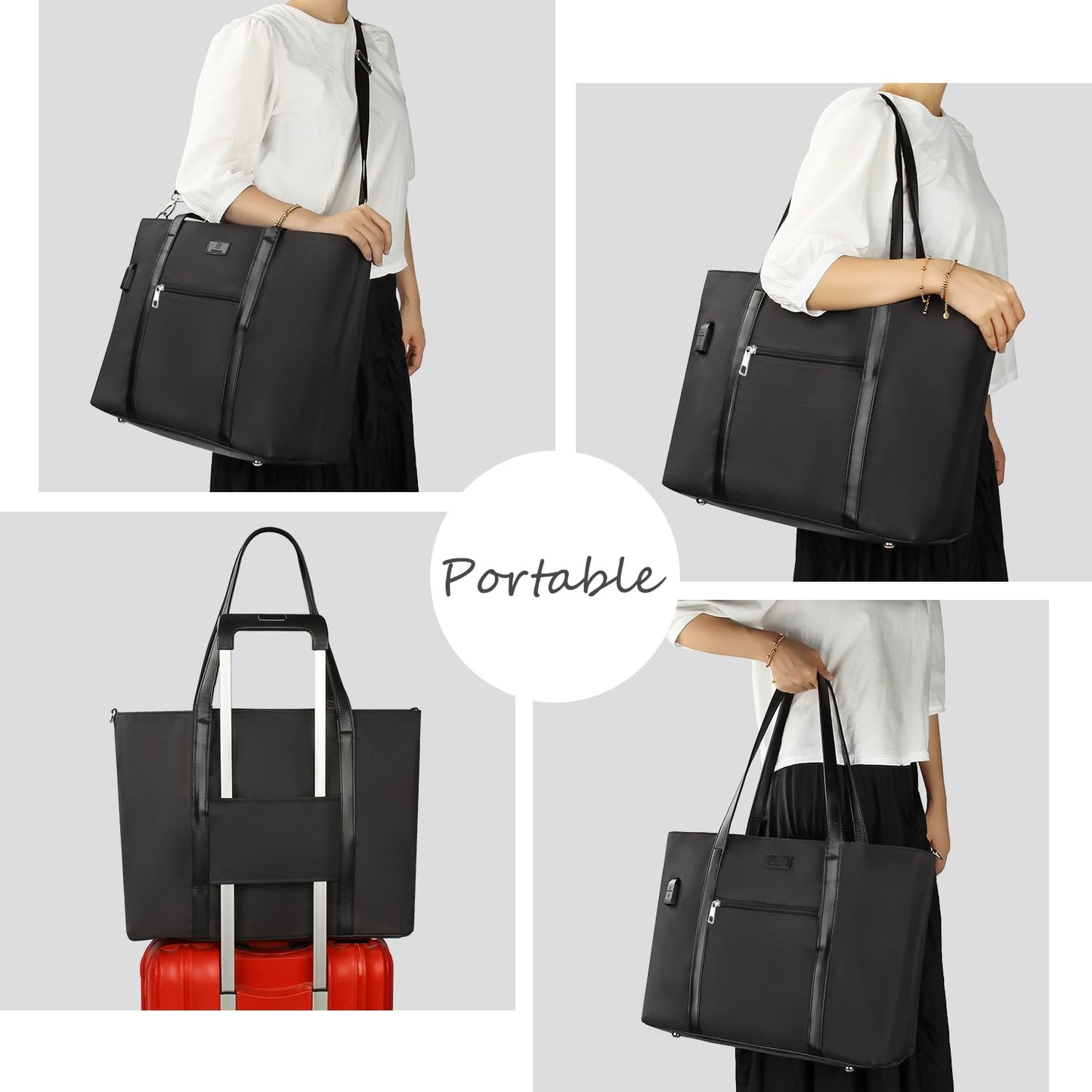 Laptop Bag for Women 17.3 Inch Laptop Tote Bag Large Work Tote Bag Waterproof Work Bag Teacher Bag with USB Charging Port Computer Tote Bag Nylon Handbag Satchel Shoulder Bag(17.3 inch, Black)