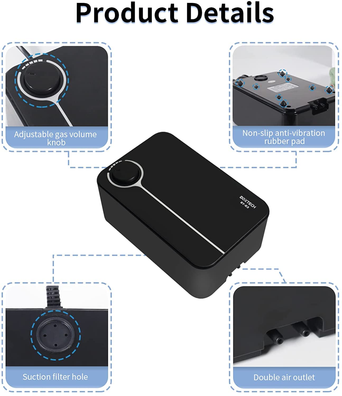 Boxtech Fish Tank Air Pump - Aquarium Adjustable Fish Oxygen Pump, Ultra-Quiet Aerator Bubbler with Dual Outlet