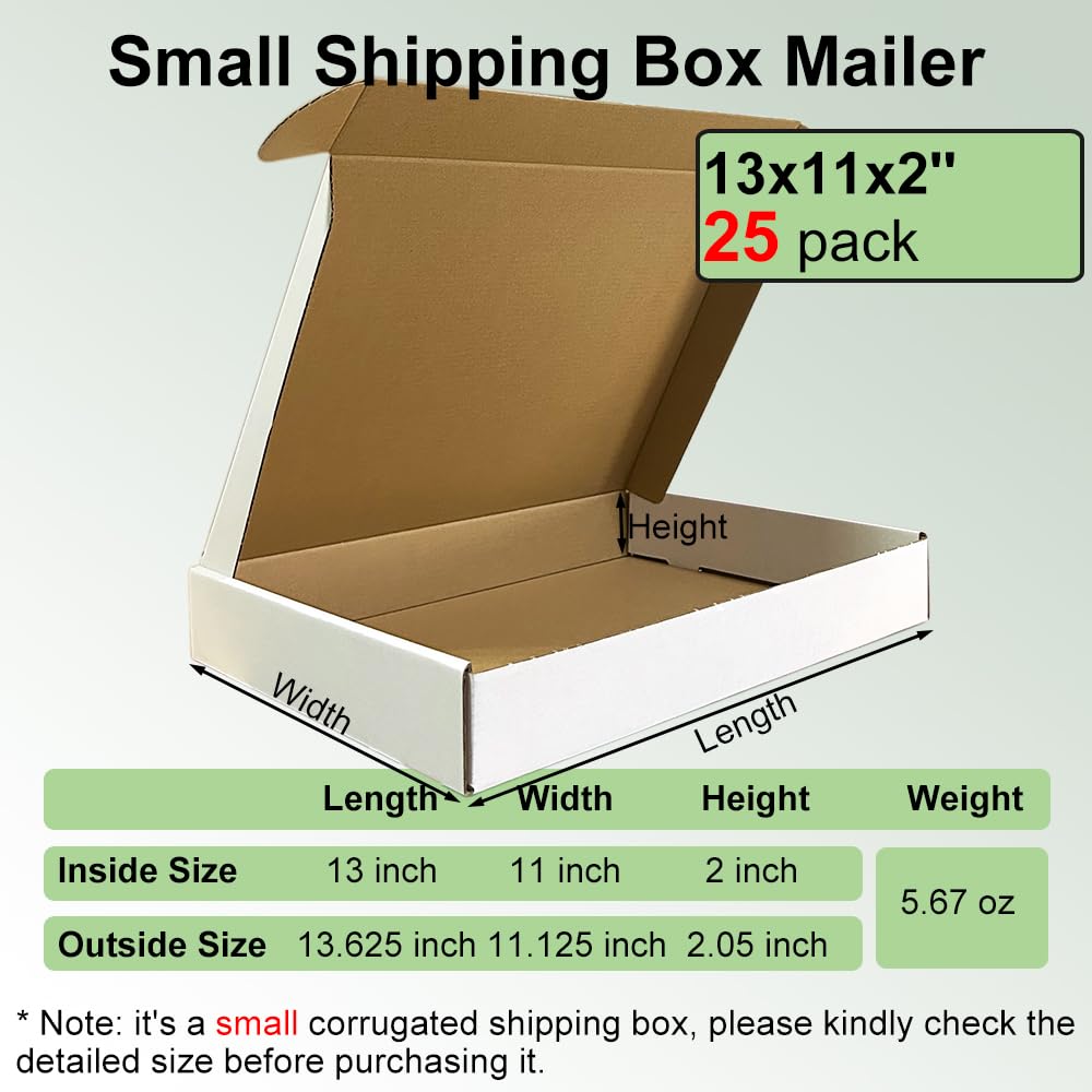 Rnisda 13x11x2'' Shipping Boxes 25 Pack, White Corrugated Cardboard Mailers for Mailing Packaging Small Business (W13112-25)