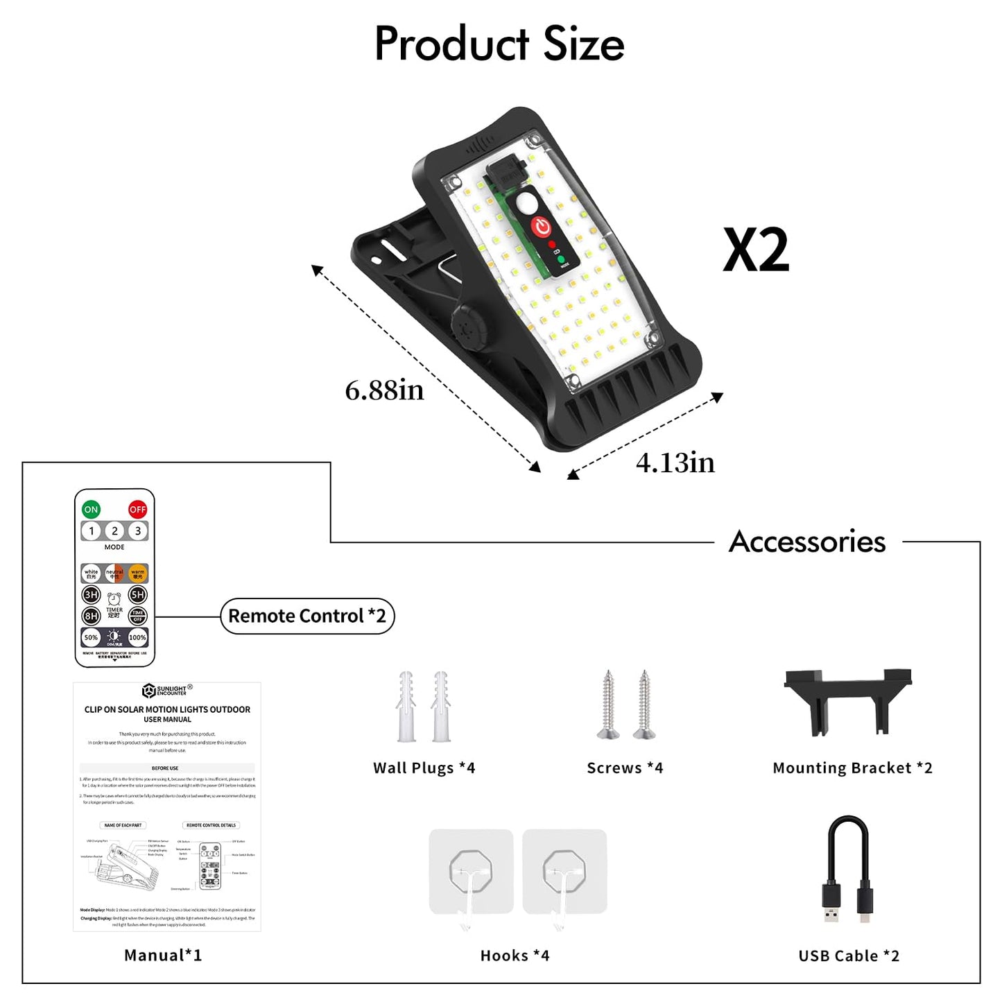 Clip On Solar Motion Lights Outdoor Waterproof, 800LM, 70 LED, 3 Color Temperature, USB & Remote Control, 2 Pack Portable Solar Powered Light Outside for Gutters Fence Garage Camping