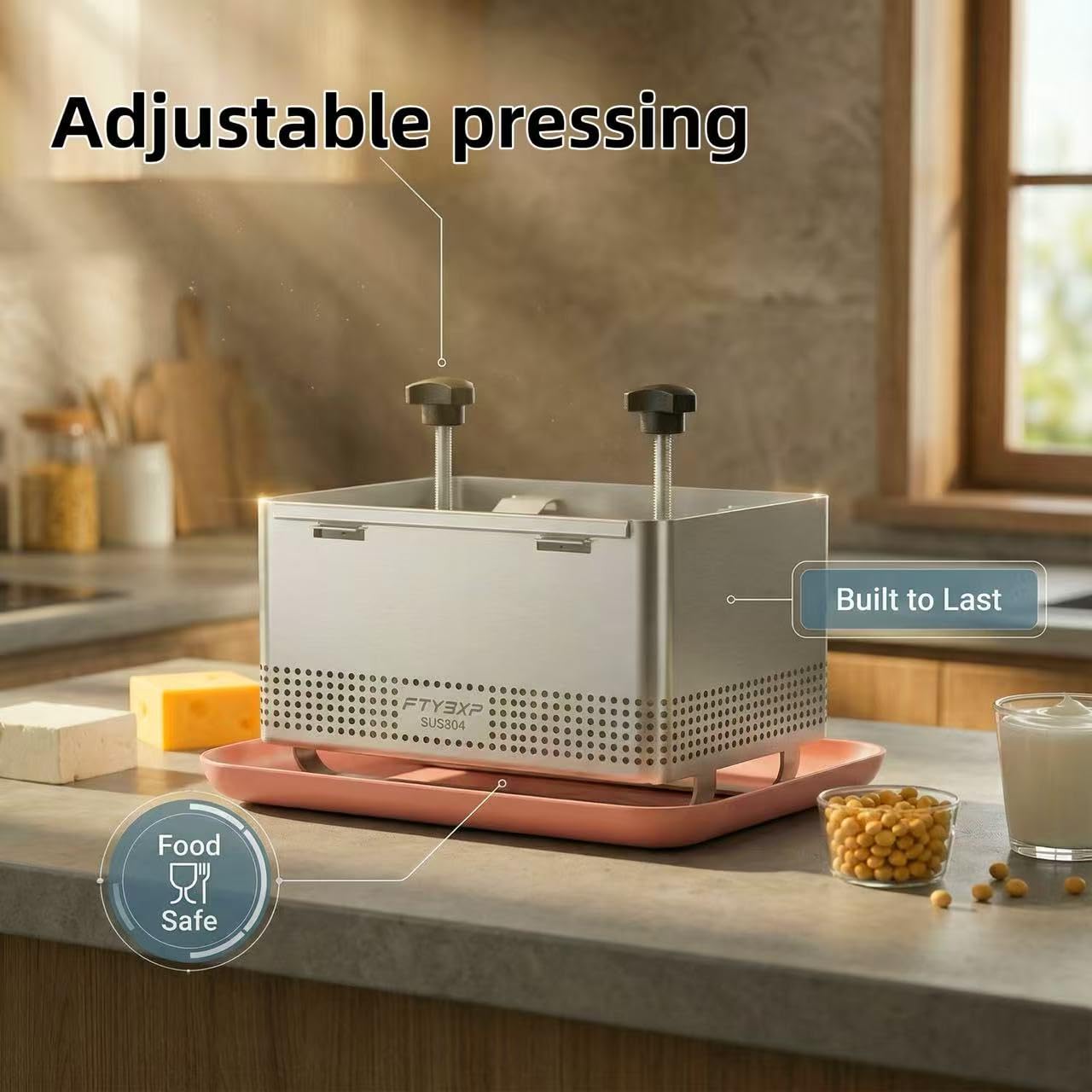 Tofu Press -304 Stainless Steel Cheese Press, Paneer Make and Vegetarian Tofu Press, Heavy Pressure Adjustable,BPA Free, Dishwasher Safe for tofu Maker and ham Press,Meat Pressing (XL)