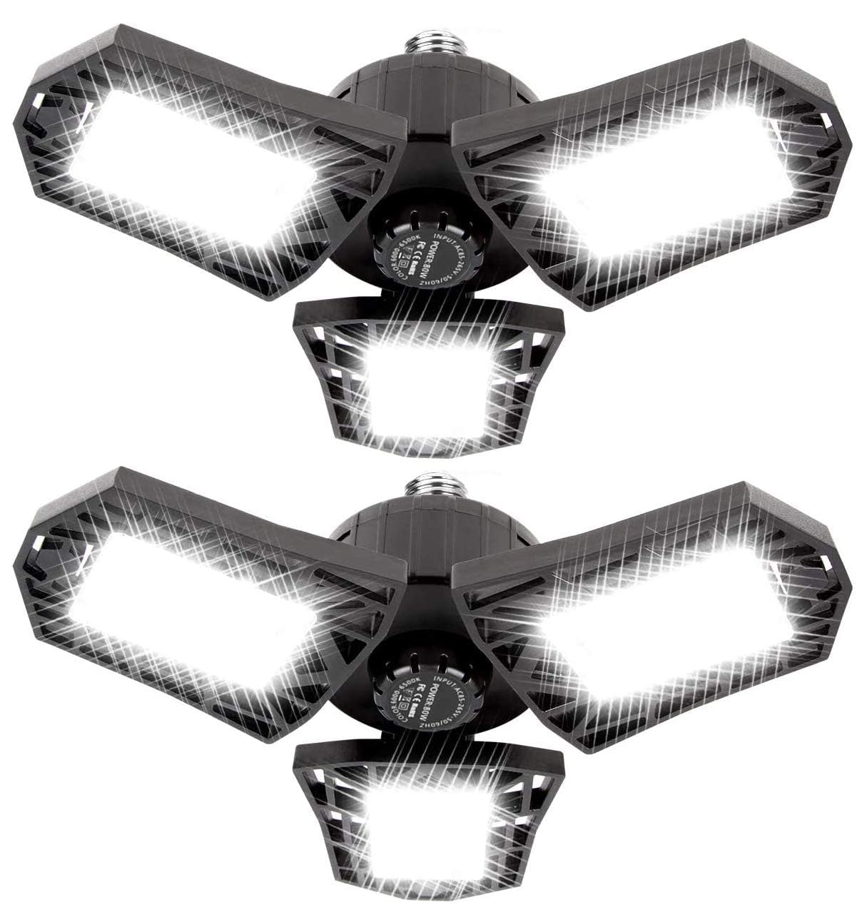 LED Garage Lights - 6000 Lumen 6500K Daylight 60W, Three Leaf Led Garage Ceiling Lights, Pack of 2