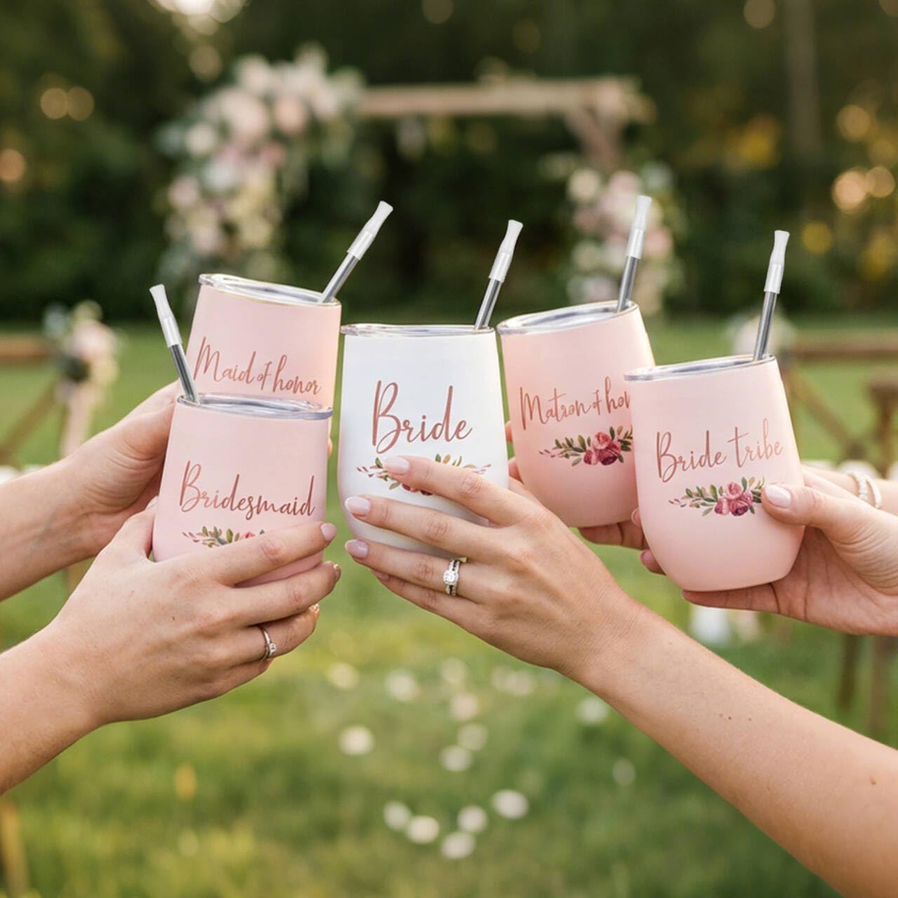 CARAKNOTS Bridesmaid Proposal Gifts Bridesmaid Cups Set of 5 Wedding Tumbler for Bridal Shower Engagement Bachelorette Party Favor Maid Pink Stainless Steel Wine Tumbler with Lid and Straw 12 oz