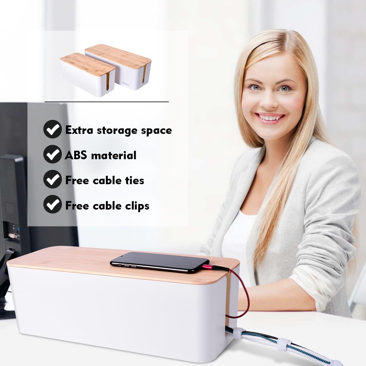 2 Pack Large Cable Management Box – Wooden Style Cord Organizer Box and Cover for TV Wires, Computer, Router, USB Hub and Under Desk Power Strip – Safe ABS Material and Baby-Pets Proof Lock (White)