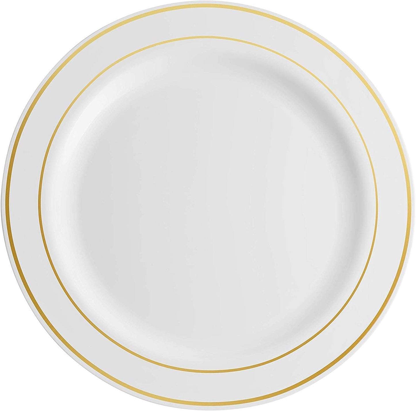 Munfix 100 Gold Plastic Plates Set, 7 Inch Disposable Dessert Appetizer Plates, Elegant Fancy Heavy Duty for Party, Wedding, White with Gold Rim