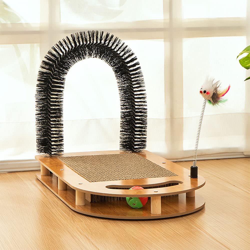 Cat Scratching Board with Cat Arch Self Groomer and Kitty Ball Toys, cat Scratcher Cardboard for Indoor Cats, Eco-Friendly Wood, Durable, Stable and Non-Slip, cat Scratcher Pad