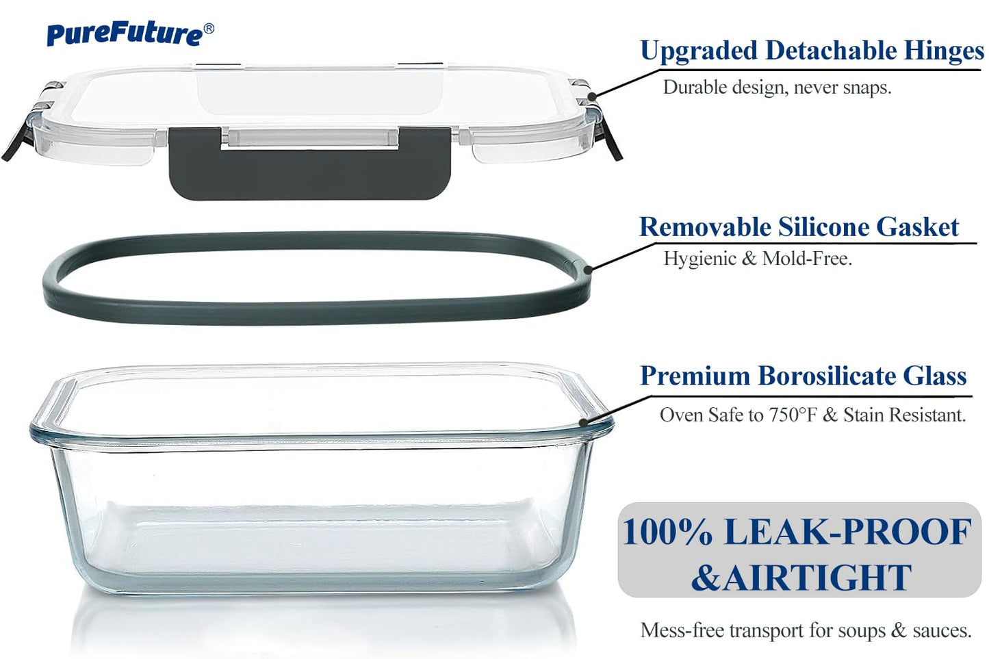 Pure Future 10-Piece Set (5-Pack, 36oz) Borosilicate Glass Food Storage Containers with Upgraded Detachable Locking Lids - Leak Proof Meal Prep Lunch Boxes, Oven/Microwave Safe